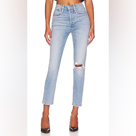 Re/Done Originals 90s High Rise Ankle Crop Denim in Worn Light Azure - Picture 2 of 11